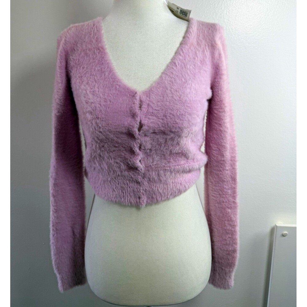 NWT Forever 21 Pink Fuzzy Cropped Cardigan Women S Hook Eye Coquette